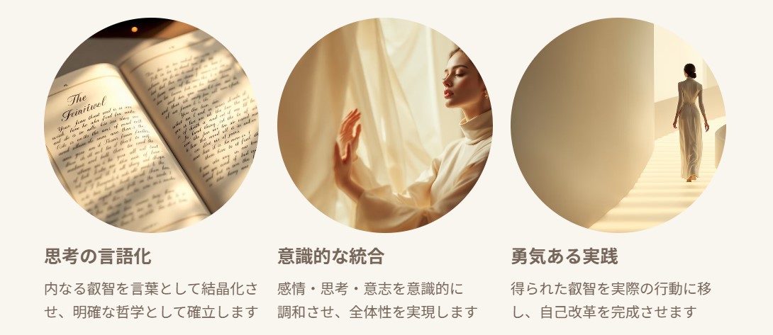 ＜最終統合のための行動＞
思考の言語化 内なる叡智を言葉として 結晶化させ明確な哲学を 確立します 意識的な統合 感情・思考・意志を意識的に 調和させ全体性を実現します 勇気ある実践 得られた叡智を実際の行動に移し 自己改革を完成させます
