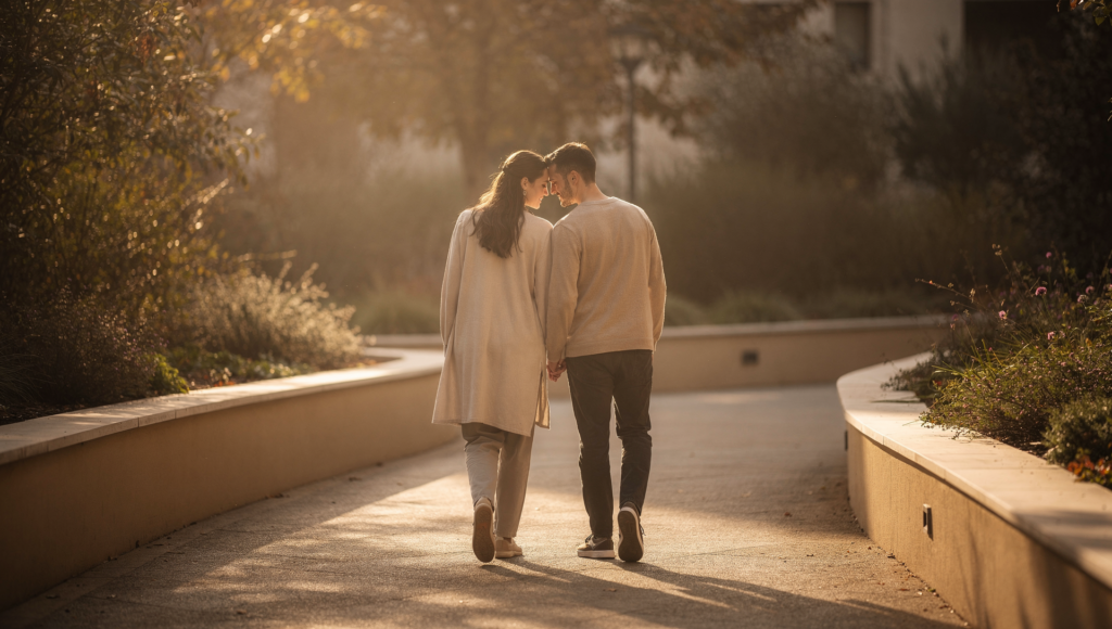 歩道を歩く恋人たち