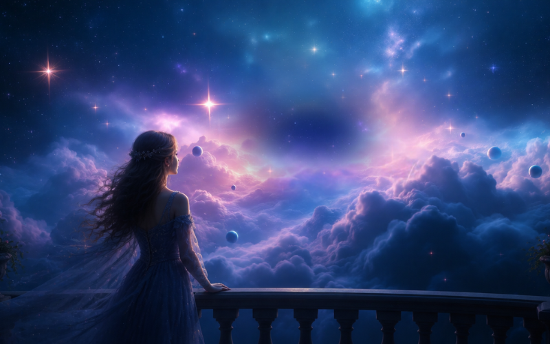 バルコニーから星を見下ろしている女性
